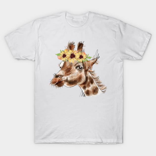 Watercolor giraffe.Giraffe with flowers. T-Shirt by HJstudioDesigns